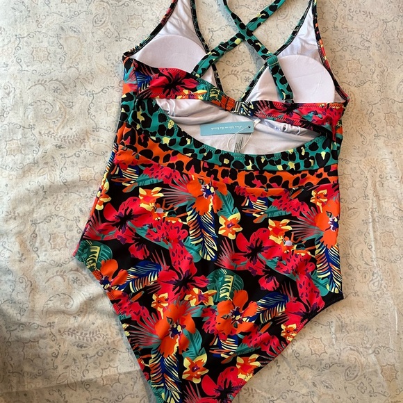 Red and Orange One Piece Swimsuit with‎ Plunging V-Neck - Picture 2 of 11